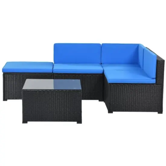 5pc Wicker Patio Sectional Seating Set with Cushions - Black/Blue - GODEER image {17}