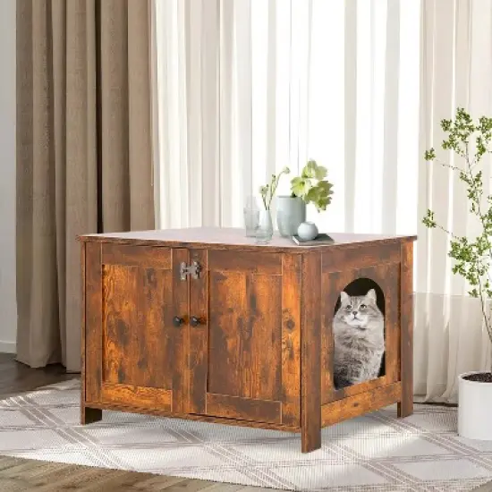 BestMassage Cat Litter Box Enclosure Wooden Pet Cat House End Table with Removable Divider, Brown image {1}
