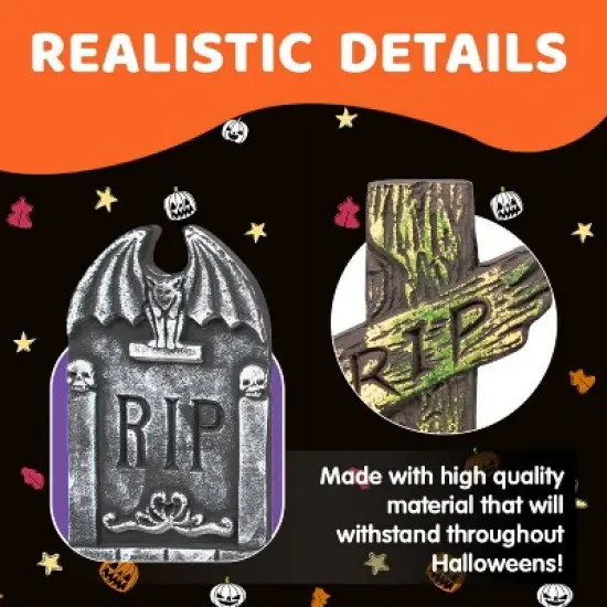 Joyfy 5pcs 17" Halloween Foam RIP Graveyard Tombstones with 12 Metal Stakes, Halloween Tombstones Cemetery Decorations for Haunted House Yard Lawn image {3}