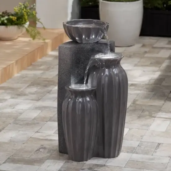 Three Bowls 26 1/2" High Large Modern Outdoor Decor Dark Gray Ceramic Floor Fountain with Light LED 3-Tier Outside Garden Patio Yard image {1}