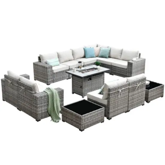 Marlton 13pc Wicker Outdoor Patio Furniture Set Conversation Sofa Set with a Rectangle Fire Pit and Cushions image {1}