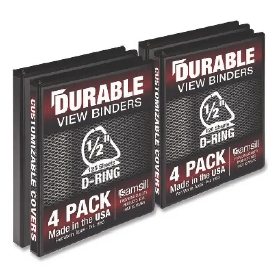 Samsill Durable D-Ring View Binders, 3 Rings, 0.5" Capacity, 11.5" x 8.5", Black, 4/Pack image {1}