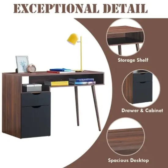Costway Computer Desk PC Writing Table Study Workstation Drawer & Cabinet With Wood Legs image {6}