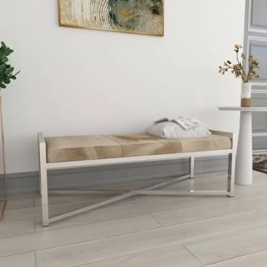 Contemporary Stainless Steel Rectangular Cowhide Bench - Olivia & May image {8}