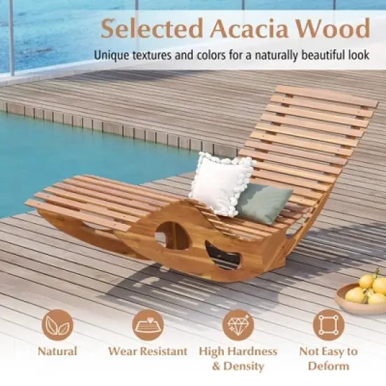 Tangkula 2PCS Outdoor Chaise Lounge Acacia Wood Rocking Sun Lounger with Slatted Backrest and Seat Wooden Rocker Lounge Chair image {4}