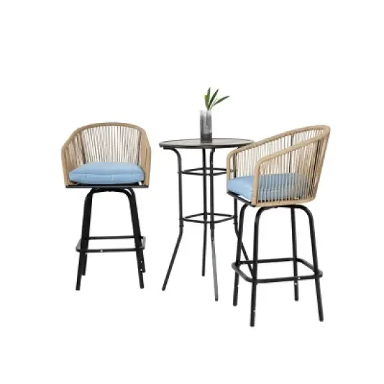 3 Piece Outdoor Patio Bistro Bar Set,Patio Round Bar Table and 2 Swivel Bar Stool Set with Cushion,Bar Height Metal Garden Dining Set-Coolbibila image {2}