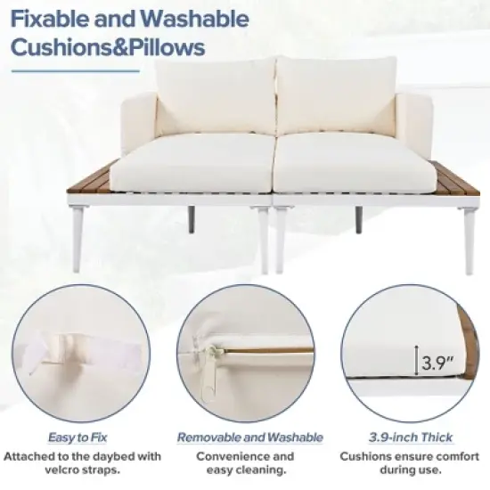 FIONECA Modern Outdoor Daybed with Wood Side Tables, 2-in-1 Chaise Lounge with Cushions for Patio, Poolside, Balcony, Beige image {3}