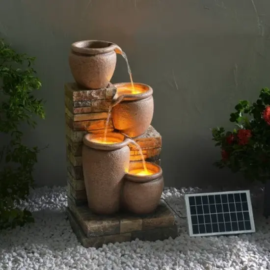 Teamson Home 30.71" 4-Tier Cascading Bowl Solar Powered Polyresin Waterfall Fountain: Outdoor LED, Faux Brick Design image {11}