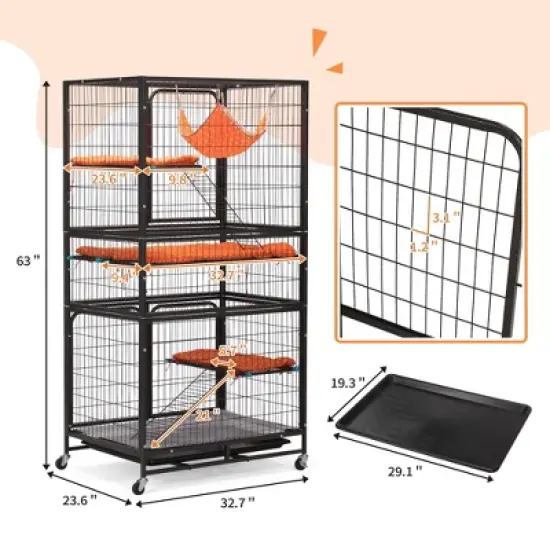 Sandinrayli 4-Tier Wire Cat Cage Pet Enclosure with Removable Wheels, Black image {2}