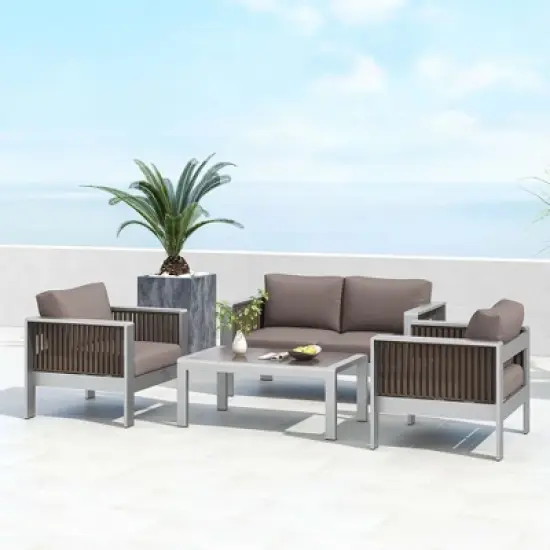 Costway 2 PCS Aluminum Single Sofa Outdoor Furniture Set with Thick Back & Seat Cushions Grey image {4}