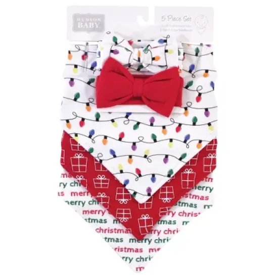 Hudson Baby Infant Girl Cotton Bib and Headband Set 5pk, Christmas Lights, One Size image {1}