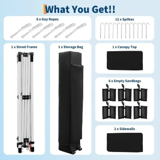10x20 Pop Up Canopy with 2-Sidewall, Outdoor Tent with Portable Roller Bag - 3 Adjustable Height, 4 Weight Bags Stakes & 6 Guy Ropes image {6}