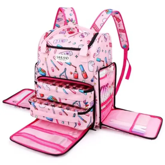 SAVILAND 33L Large Nail Polish Organizer Bag with Light - Holds 80 Bottles & Lamp, Portable Manicure Storage Case, Pink(1 Pack) image {6}