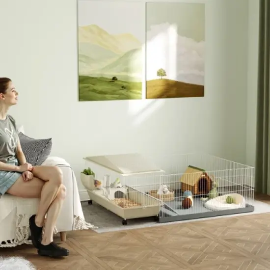 PawHut Small Animal Cage, Guinea Pig Cage with Removable Pet Playpen, Waterproof Pad, Hay Feeder, Water Bottle, Food Dish, Soft-Coverd Ramp, Wheels image {2}