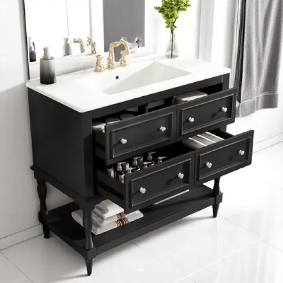 Mshliw 36 Inch Bathroom Vanity with Sink Combo, Modern Freestanding Cabinet with 4 Drawers and Shelf, Solid Wood Frame and Ceramic Basin(Black) image {10}
