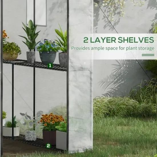 Outsunny 47.25" x 73.25" x 74.25" Walk-in Greenhouse, Outdoor Portable Plant Growing Area with Mesh Protected Roll-up Door & Window, 4 Shelves, White image {4}