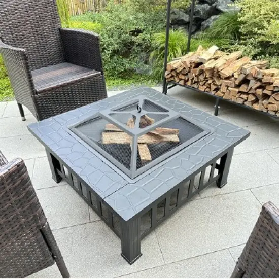 Fire Pit Table 32in Square Metal Firepit Stove Backyard Patio Garden Fireplace for Camping, Outdoor Heating, Bonfire and Picnic image {2}