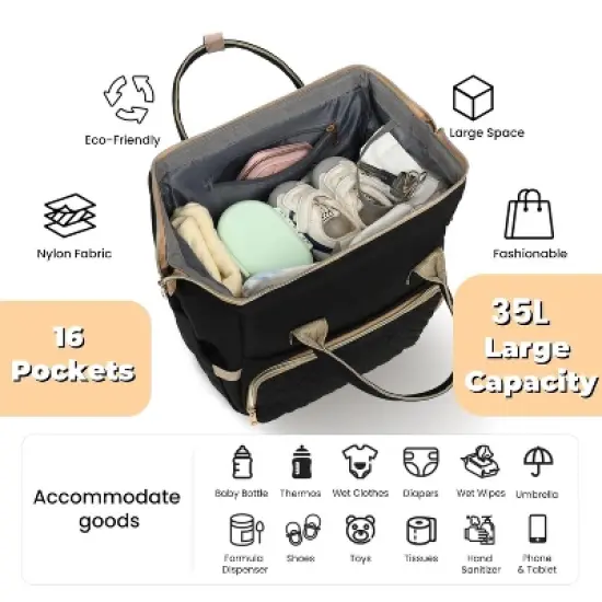 Itopfox Large Waterproof Diaper Backpack with Changing Pad, Pacifier Case, 16 Pockets, Insulated Bottle Holders, Stroller Straps, Black image {5}