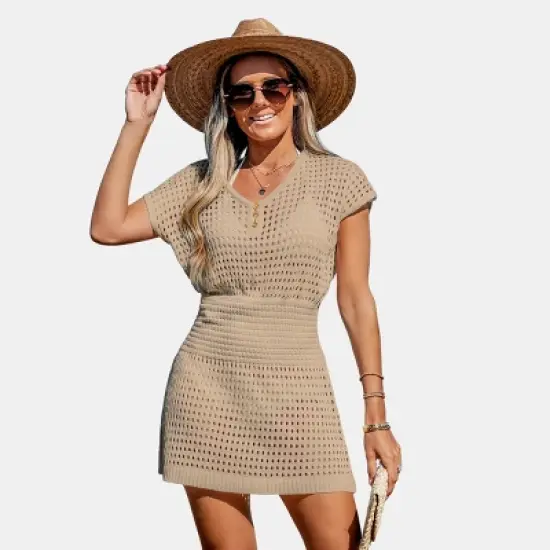 Women's Crochet Knit Cutout V-Neck Cover-Up Mini Dress - Cupshe image {12}