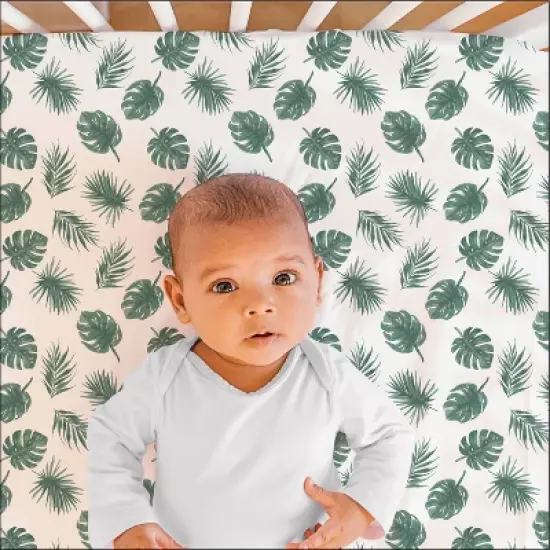 The Peanutshell Fitted Crib Sheets - Green Botanical Leaf and Stripe - 2pk image {1}