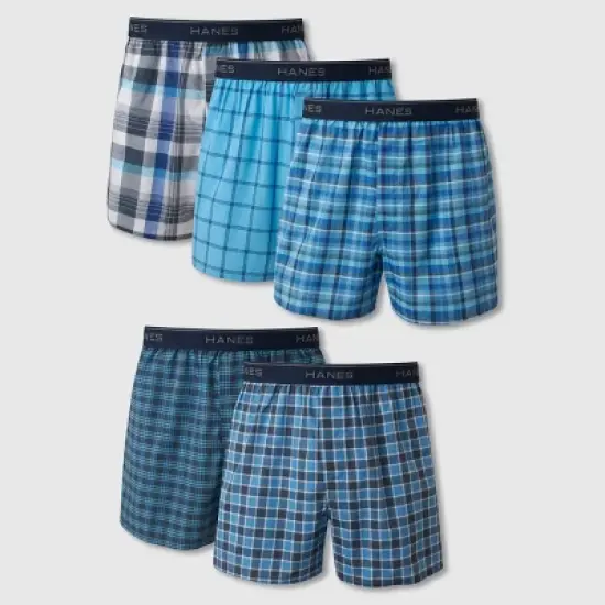 Hanes Men's Woven Plaid Boxers 5pk - Blue image {3}