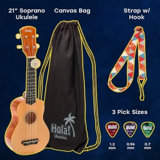 Hola! Music Color Series Soprano Ukelele Set for Beginners with Canvas Tote Bag, Strap with Hook, & Various Size Picks, Red image {1}