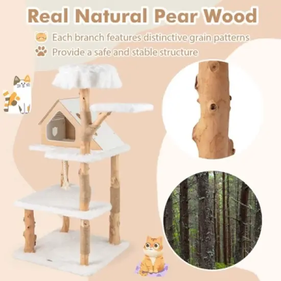 Costway 60" Tall Solid Wood Cat Tree with 2 Perches Condo Jute Scratching Posts Sisal Rope image {3}