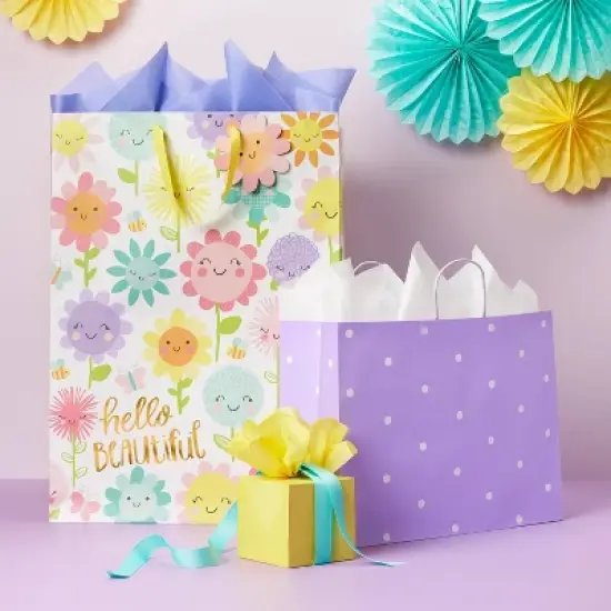 XLarge 'Hello Beautiful' Happy Floral Baby Shower Gift Bag - Spritz&trade;: Multicolor Botanical for Baby Girl image {1}