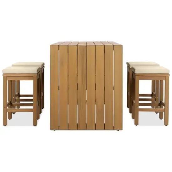 5 Piece Outdoor Bar Set with Cushions, Acacia Wood Patio Bar Height Table and 4 Stools for Backyard, Wood Bar Set with Adjustable Feet-Koiai image {5}