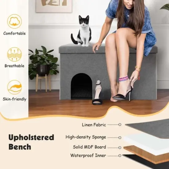 Costway Cat Litter Box Enclosure Hidden Furniture Cat Washroom Shoe Storage Bench Beige/Grey image {7}