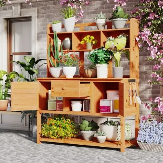 Garden Potting Bench with Hutch, 50.2" Fir Wood Gardening Workstation with Adjustable Shelves, Outdoor Planting Table for Backyard Balcony image {8}