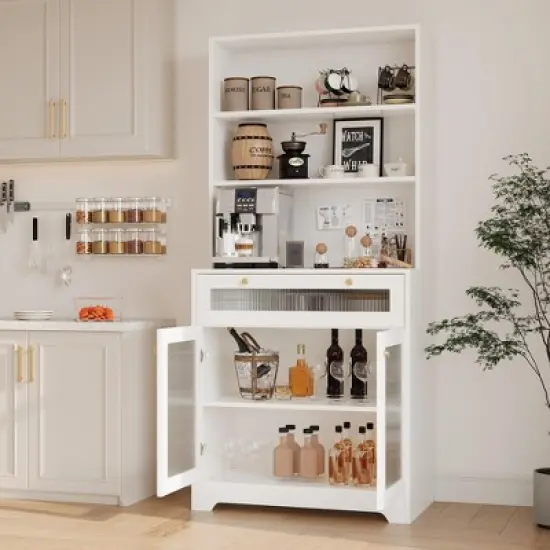 Kitchen Pantry Cabinet, 62" Freestanding Hutch Cupboard with Large Countertop, Glass Doors, Drawer and Adjustable Shelves, Microwave Cabinet Storage image {8}