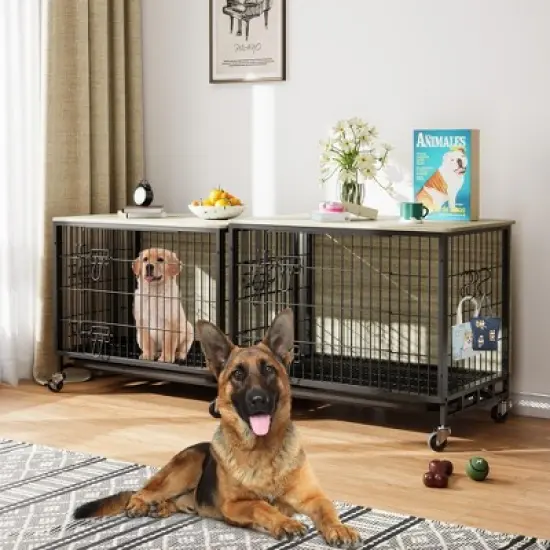 Dog Crate Furniture for Medium Dogs, 32.5" L x 21.9" W x 25.2" H Indoor Kennel with Double Doors, Wheels & Removable Tray image {2}