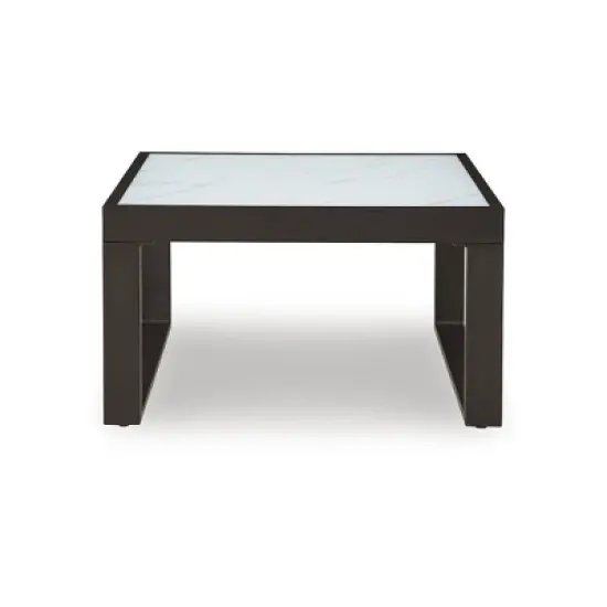 Signature Design by Ashley Beachloft Modern Outdoor Coffee Table - Weather-Resistant Aluminum with Stone-Look Glass Top, 30" Square, Black/Gray image {3}
