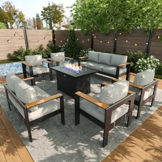LayinSun 7 Pieces Aluminum Outdoor Patio Furniture Set with Fire Pit Table, Outside Metal Patio Conversation Sets with Deep Seating and Thick Cushions image {9}