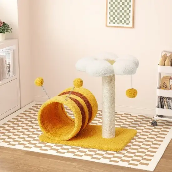 EROMMY 14.6" Flower Cat Tree with Well-padded Perch, Cat Tower with Sisal Scratching Posts and Interactive Toys, Yellow image {3}