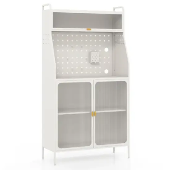 Tangkula 5-Tier Metal Baker's Rack Kitchen Pantry Cabinet w/ See-through Flip-up Door Pegboard Adjustable Shelf White image {8}