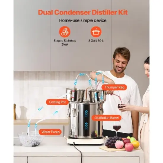 VEVOR Alcohol Still, 8 Gal / 30 L Stainless Steel Water Alcohol Distiller with Copper Coil for Fast Cooling, Dual Condenser Distiller Kit, Silver image {2}