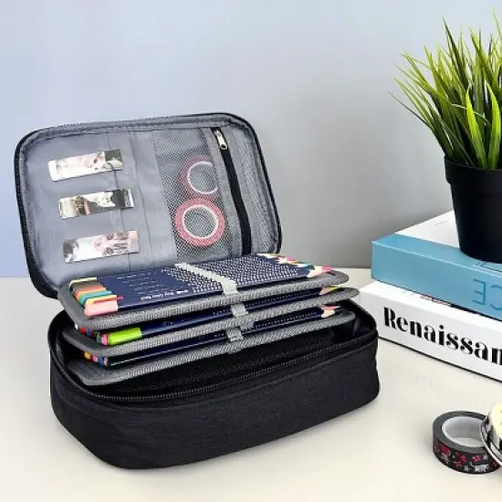 Wrapables Large Capacity 72 Slot Pencil Case for Colored Pencils, Stationery Pouch, Black image {2}