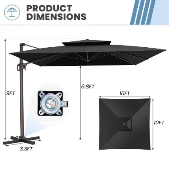 Crestlive Products 10FT Square Double Top Cantilever Umbrella Outdoor UV30+ 360 Degree Rotation Offset Umbrella 6 Heights Adjustable image {2}