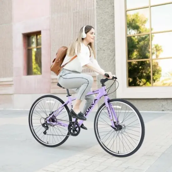 NAYSAYE Bicycle 7 Speed Hybrid Bike Aluminum Frame Double Disc Brakes for City Adventures, Purple, 64.57"*25.19"*37.79" image {1}