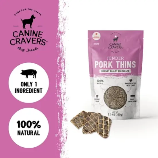 Canine Cravers Single Ingredient Air Dried Dog Treats &ndash; Pork Thin Tenders - 5.3 oz Pouch image {2}