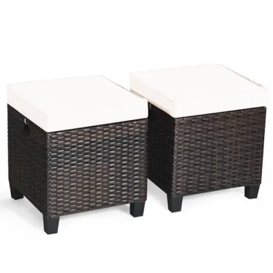 Costway 2PCS Patio Rattan Ottoman Cushioned Seat Beige image {8}