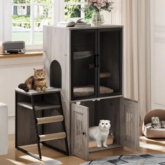 Cat Litter Box Enclosure with Ladder and Doors for 2 Cats,Double Cat House with Storage Space image {8}
