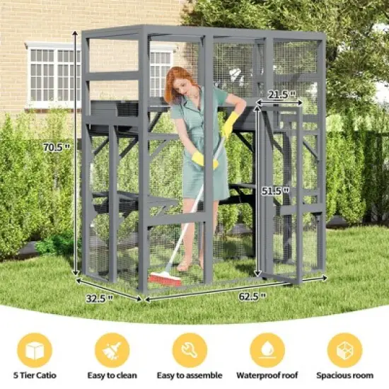 Sandinrayli 70Inches Large Stable Spacious Wooden Catio Outdoor Cat Enclosure with Perches and Condos image {7}