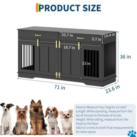 71" Dog Crate Furniture for 2 Dogs, Chew-Resistant Double Dog Kennel with 2 Drawers &  Sliding Doors, Decorative TV Stand End Table for Living Room image {1}