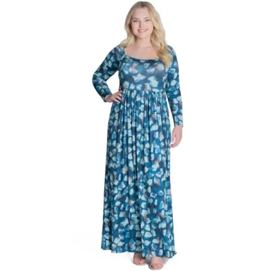 Womens Plus Size Blue Abstract Long Sleeve Pleated Maxi Dress image {4}