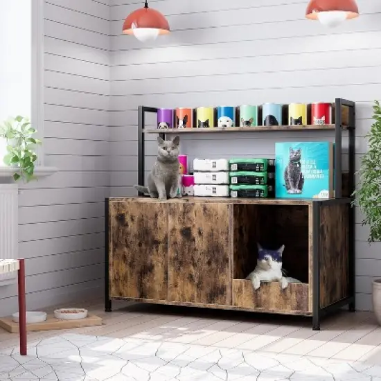 Rustic Brown Cat Litter Box Enclosure with Storage Shelves, Hidden Cabinet with Scratching Pad & Doors image {5}