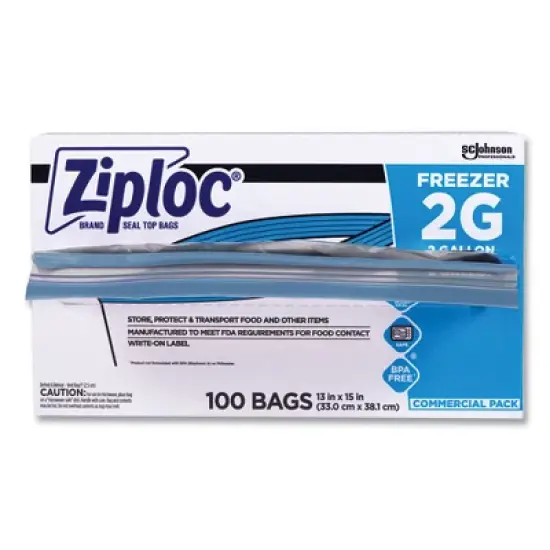 Ziploc Double Zipper Freezer Bags, 2 gal, 2.7 mil, 13" x 15.5", Clear, 100/Carton image {1}