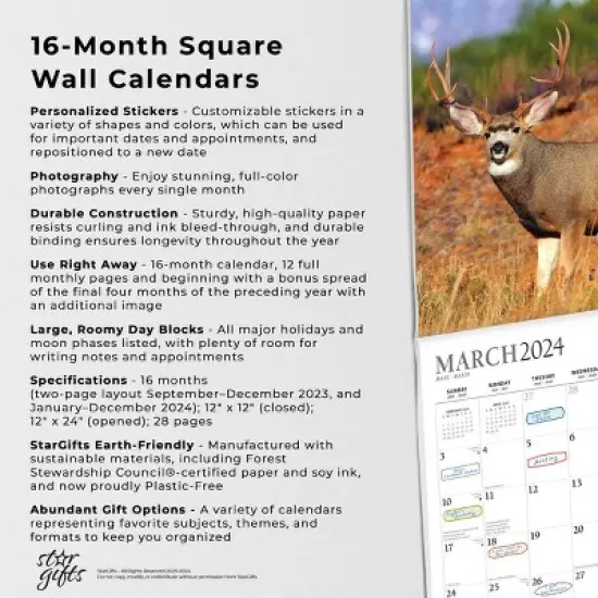 StarGifts 2024 Wall Calendar 12"x12" Giant Bucks image {4}